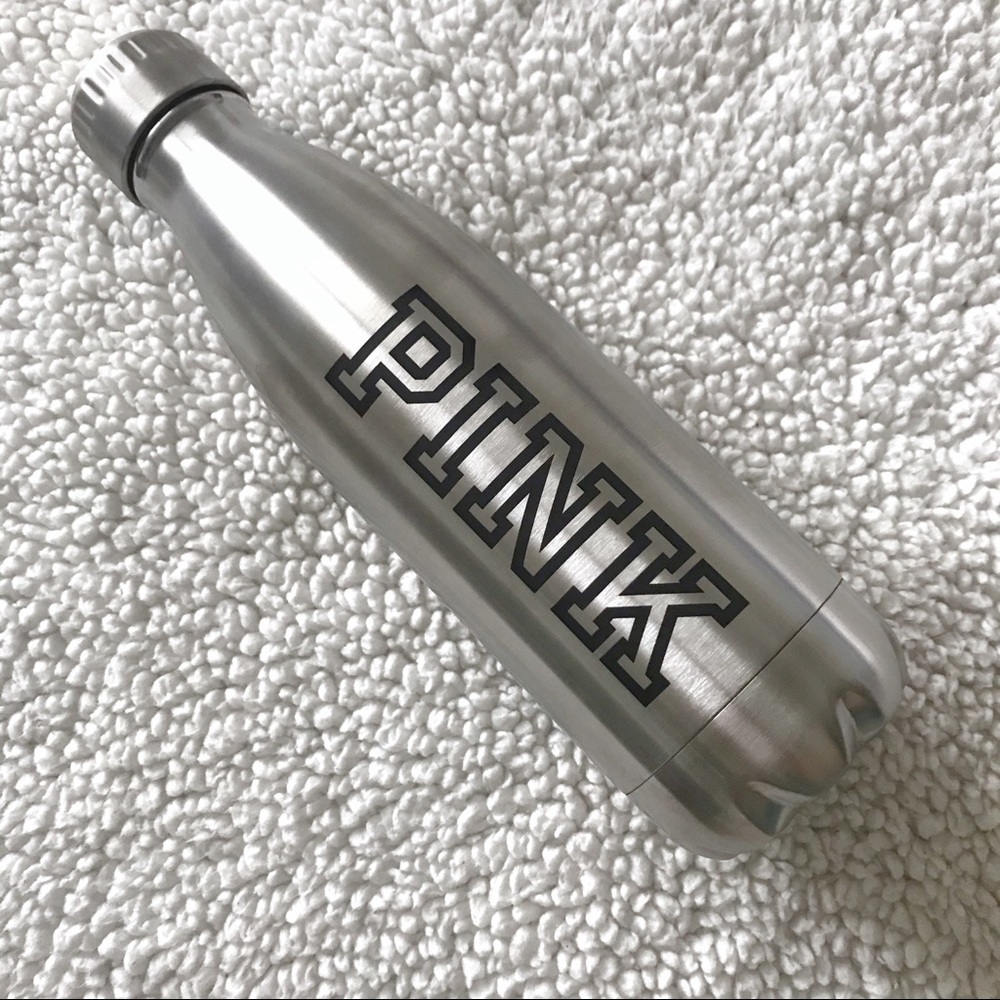 PINK Water Bottle Silver and Black NEW
